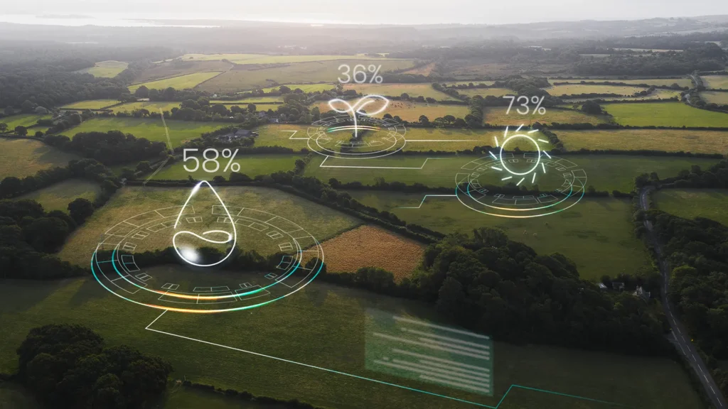 Smart farming landscape showing IoT-based crop monitoring technology used in sustainable agriculture and biostimulant management by Eagle Precision International.
